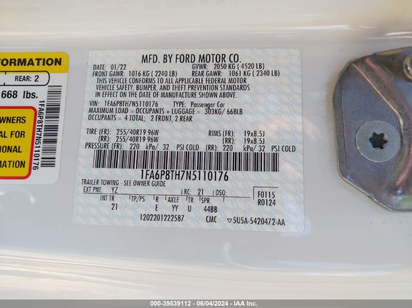 2022 Ford Mustang Ecoboost Fastback VIN: 1FA6P8TH7N5110176 Lot: 39539112