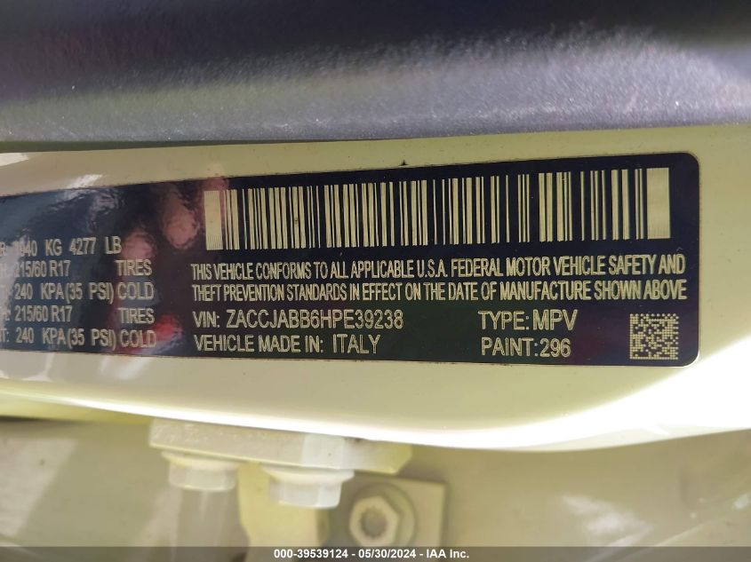 2017 Jeep Renegade Latitude Fwd VIN: ZACCJABB6HPE39238 Lot: 39539124