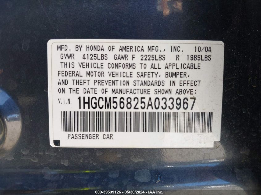 2005 Honda Accord 2.4 Ex VIN: 1HGCM56825A033967 Lot: 39539126