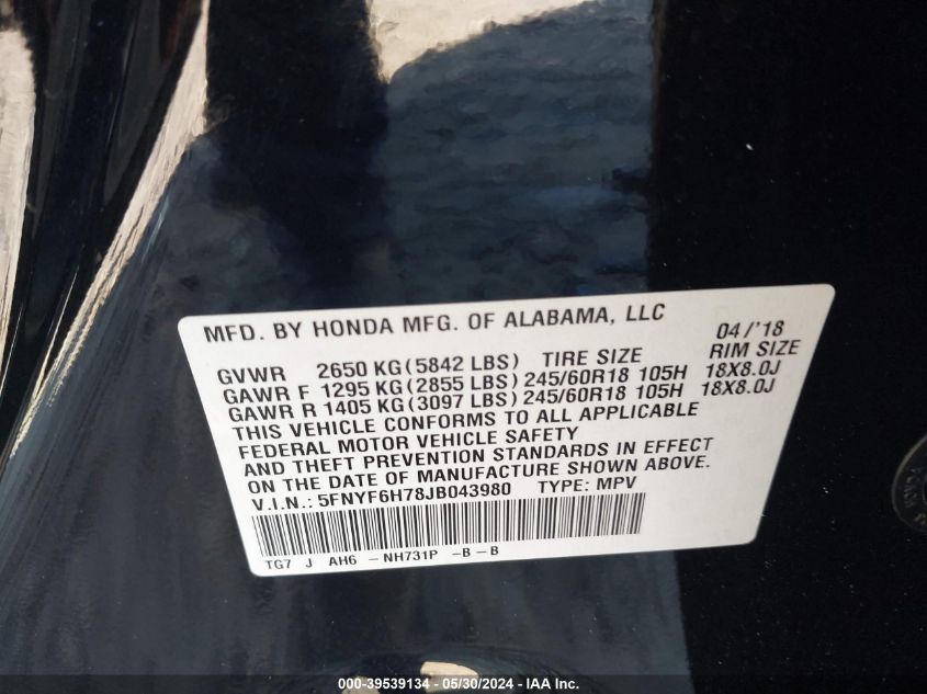 2018 Honda Pilot Ex-L VIN: 5FNYF6H78JB043980 Lot: 39539134