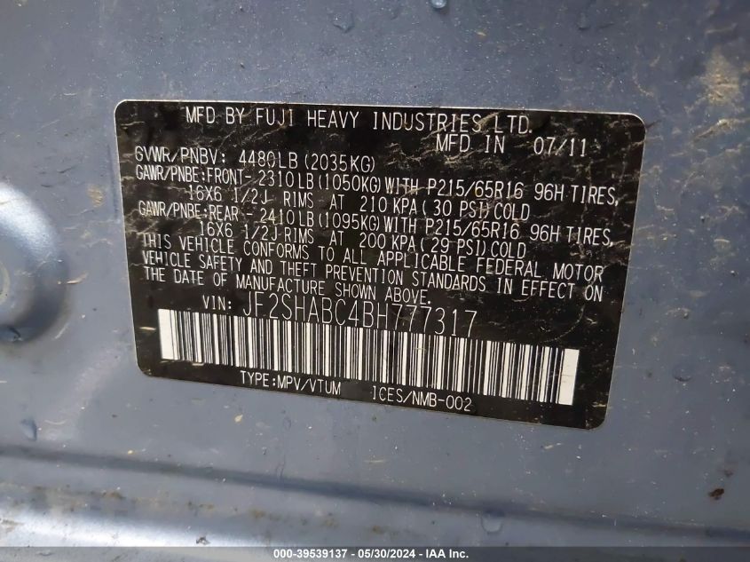 2011 Subaru Forester 2.5X VIN: JF2SHABC4BH777317 Lot: 39539137