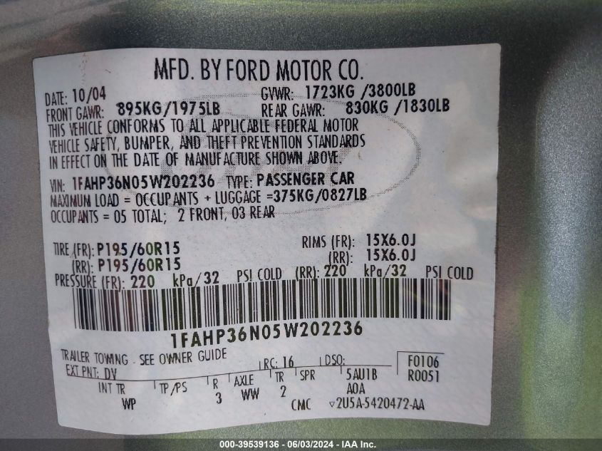 2005 Ford Focus Zxw VIN: 1FAHP36N05W202236 Lot: 39539136