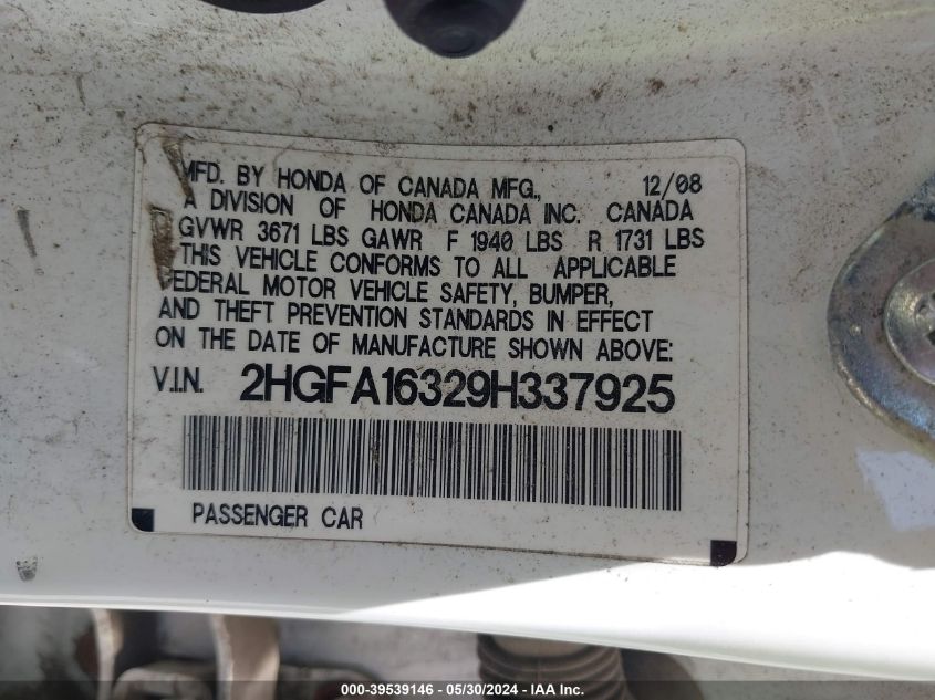 2009 Honda Civic Vp VIN: 2HGFA16329H337925 Lot: 39539146