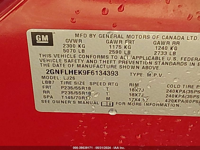 2015 Chevrolet Equinox Ltz VIN: 2GNFLHEK9F6134393 Lot: 39539171