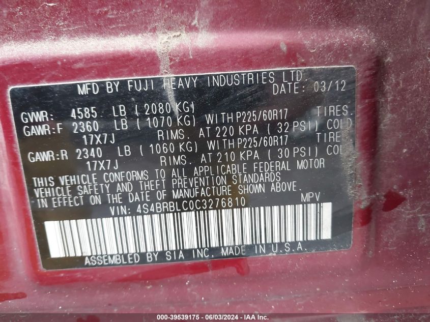 2012 Subaru Outback 2.5I Limited VIN: 4S4BRBLC0C3276810 Lot: 39539175