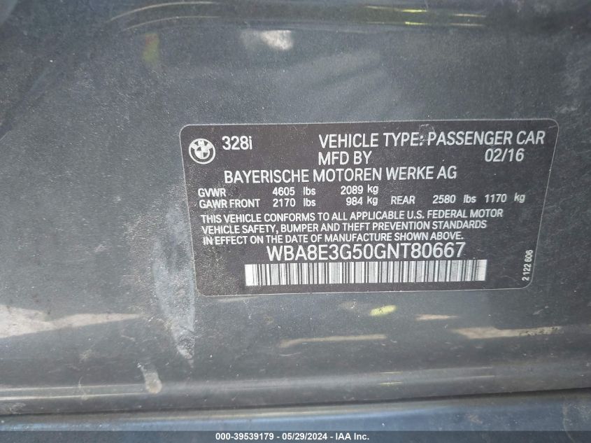 2016 BMW 328I xDrive VIN: WBA8E3G50GNT80667 Lot: 39539179