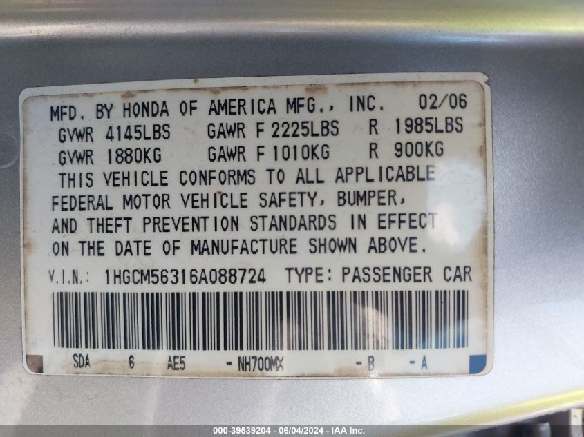 2006 Honda Accord 2.4 Se VIN: 1HGCM56316A088724 Lot: 39539204