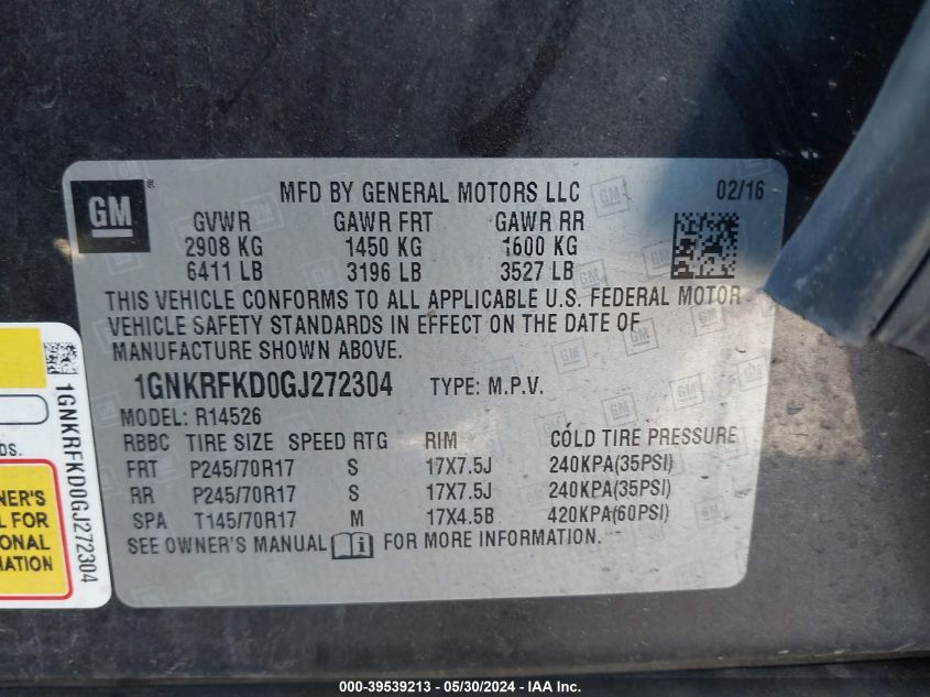 2016 Chevrolet Traverse Ls VIN: 1GNKRFKD0GJ272304 Lot: 39539213