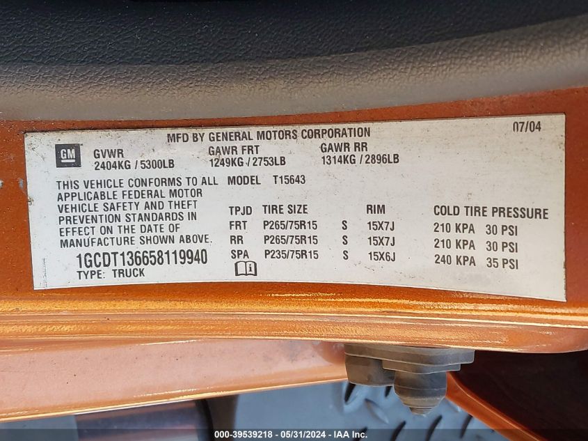 2005 Chevrolet Colorado Ls VIN: 1GCDT136658119940 Lot: 39539218