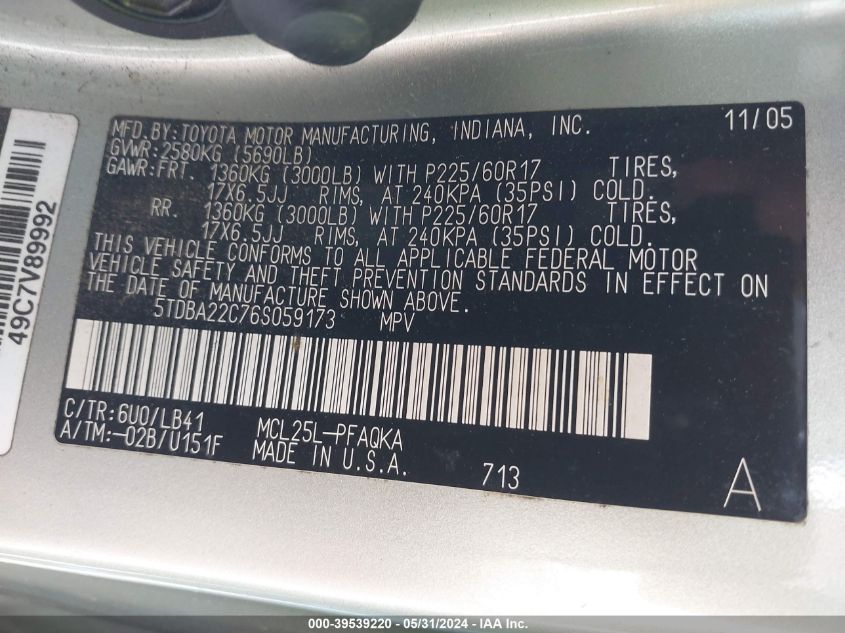 2006 Toyota Sienna Xle VIN: 5TDBA22C76S059173 Lot: 39539220