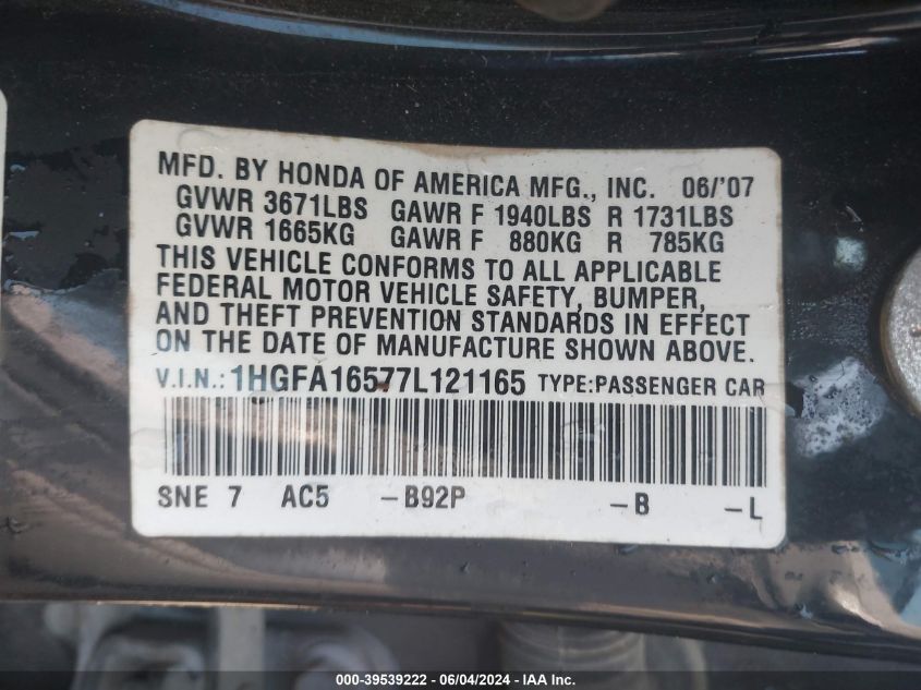 2007 Honda Civic Lx VIN: 1HGFA16577L121165 Lot: 39539222