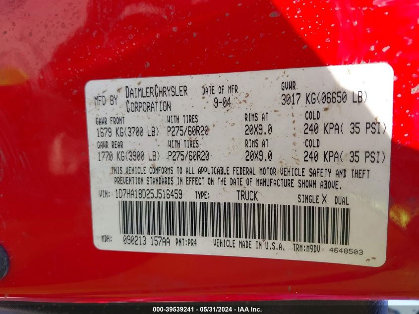 2005 Dodge Ram 1500 Slt/Laramie VIN: 1D7HA18D25J516459 Lot: 39539241