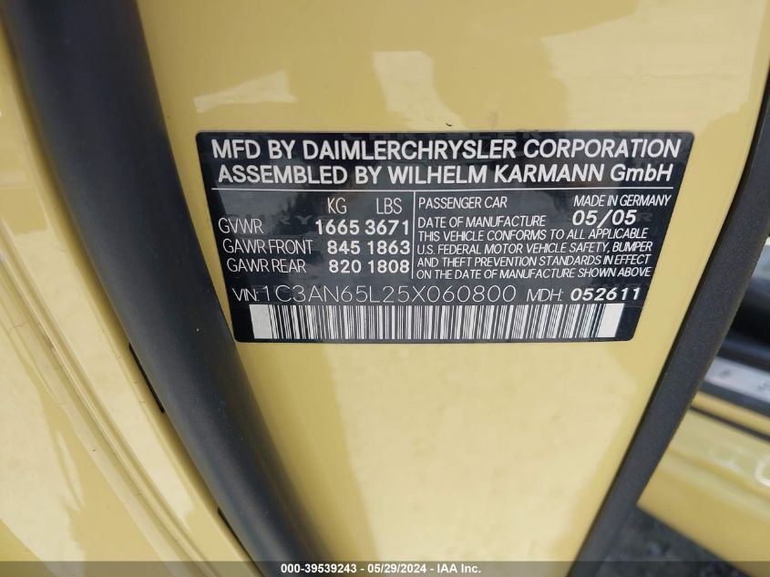 2005 Chrysler Crossfire Limited VIN: 1C3AN65L25X060800 Lot: 39539243