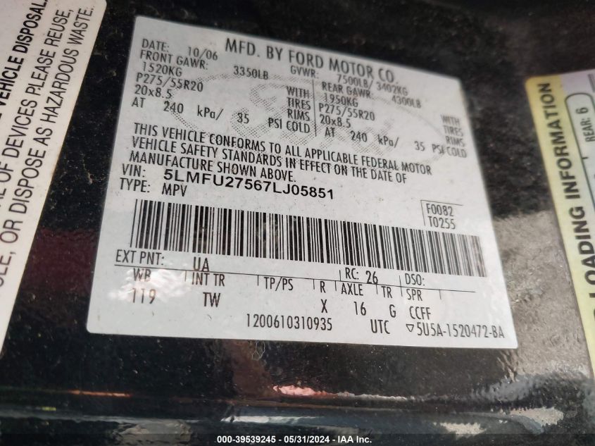 2007 Lincoln Navigator Ultimate VIN: 5LMFU27567LJ05851 Lot: 39539245