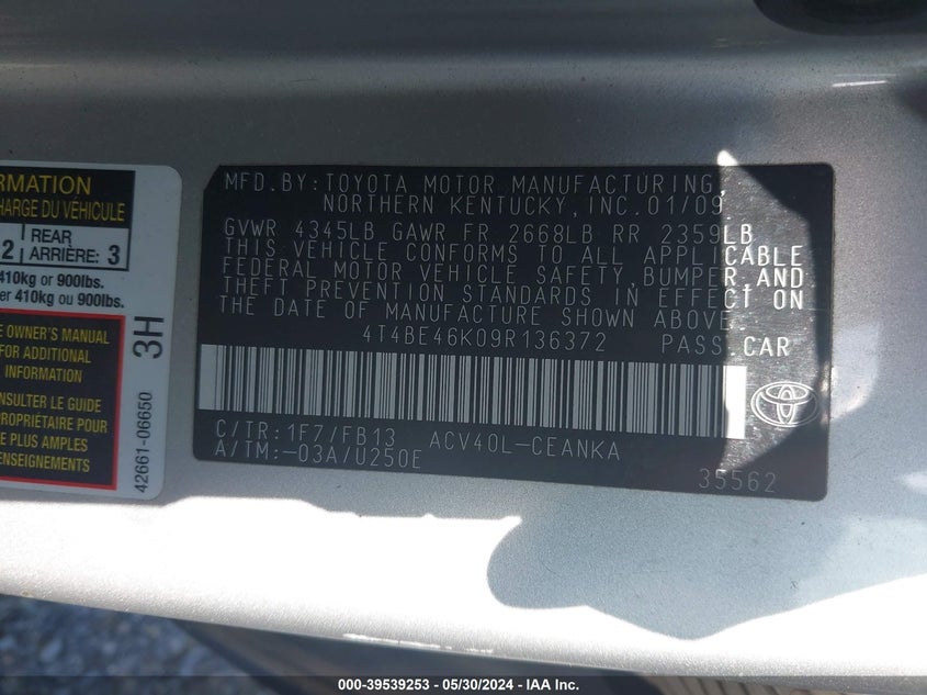 2009 Toyota Camry Le VIN: 4T4BE46K09R136372 Lot: 39539253