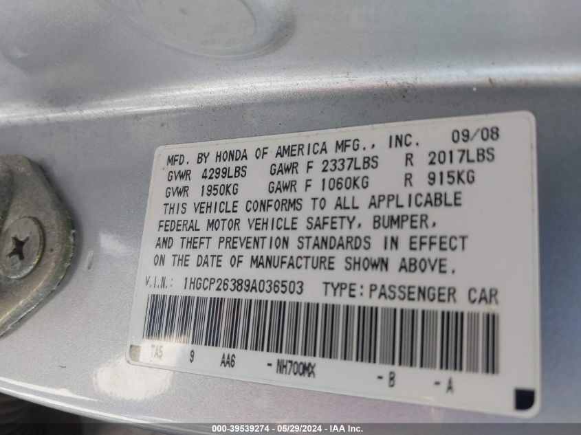 2009 Honda Accord 2.4 Lx VIN: 1HGCP26389A036503 Lot: 39539274