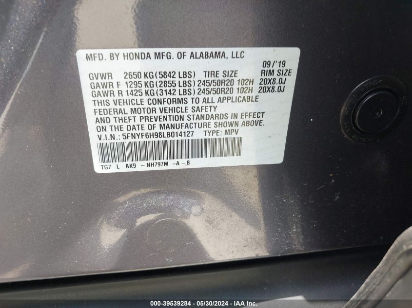 2020 Honda Pilot Awd Touring 8 Passenger VIN: 5FNYF6H98LB014127 Lot: 39539284