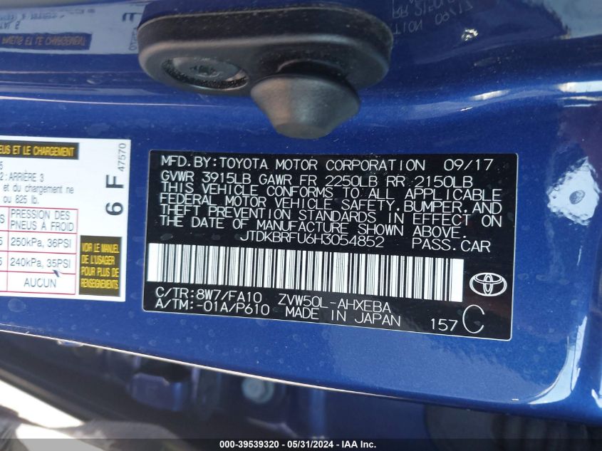 2017 Toyota Prius One VIN: JTDKBRFU6H3054852 Lot: 39539320