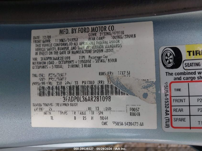 2010 Ford Fusion Hybrid VIN: 3FADP0L36AR281098 Lot: 39539327