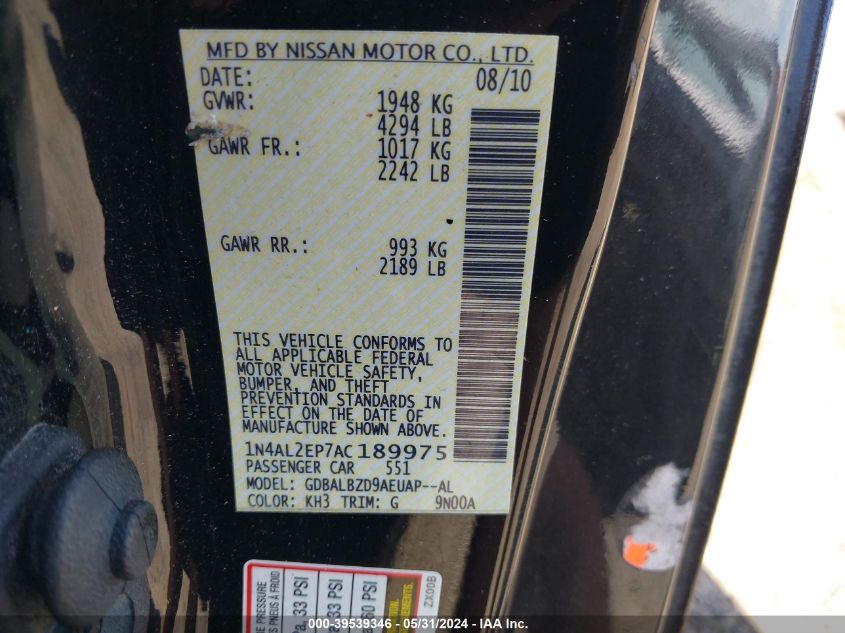 2010 Nissan Altima 2.5 S VIN: 1N4AL2EP7AC189975 Lot: 39539346