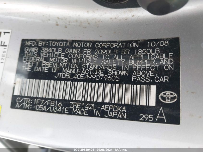 2009 Toyota Corolla VIN: JTDBL40E499079605 Lot: 39539404