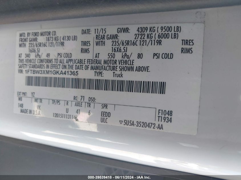 2016 Ford Transit-350 VIN: 1FTBW3XM1GKA41365 Lot: 39539418