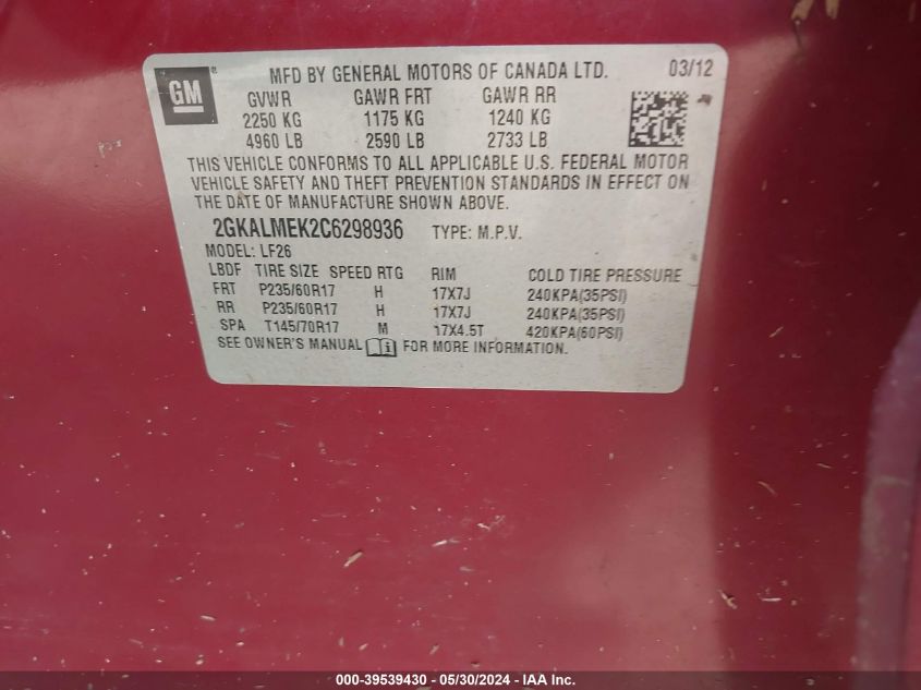 2012 GMC Terrain Sle-1 VIN: 2GKALMEK2C6298936 Lot: 39539430