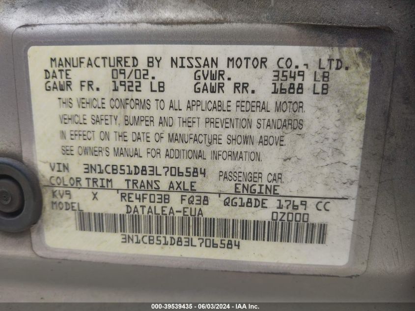 2003 Nissan Sentra Gxe VIN: 3N1CB51D83L706584 Lot: 39539435