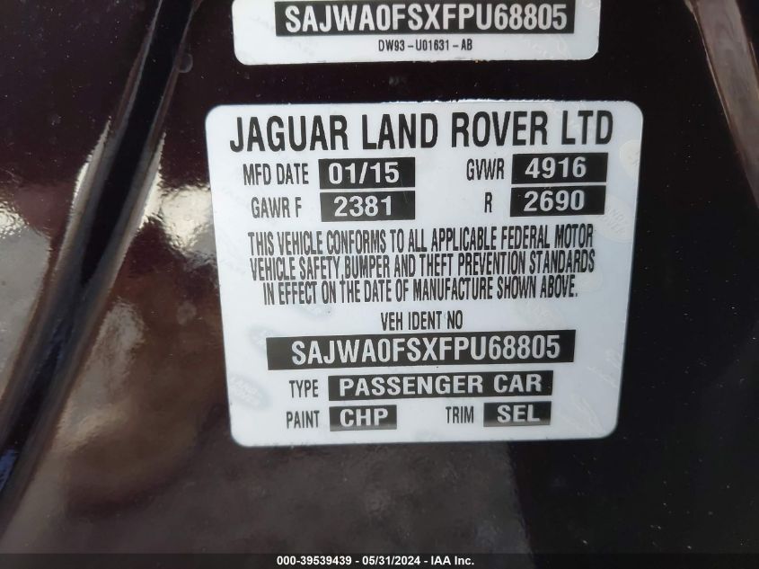 2015 Jaguar Xf 2.0T Premium VIN: SAJWA0FSXFPU68805 Lot: 39539439