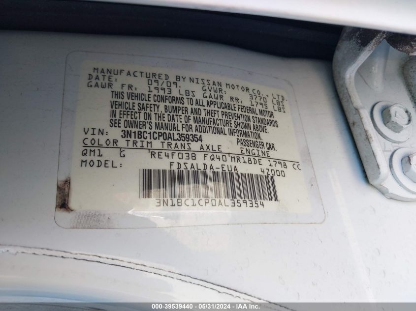 2010 Nissan Versa 1.8S VIN: 3N1BC1CP0AL359354 Lot: 39539440