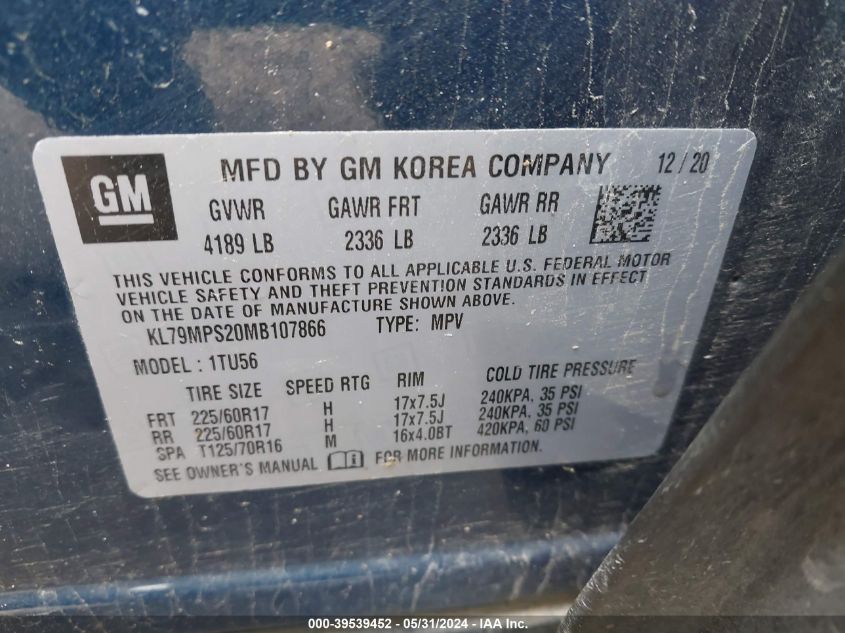 2021 Chevrolet Trailblazer Fwd Lt VIN: KL79MPS20MB107866 Lot: 39539452