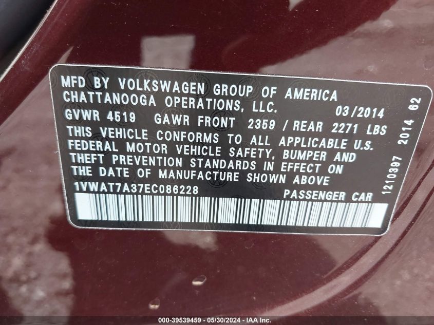 2014 Volkswagen Passat 1.8T Wolfsburg Edition VIN: 1VWAT7A37EC086228 Lot: 39539459