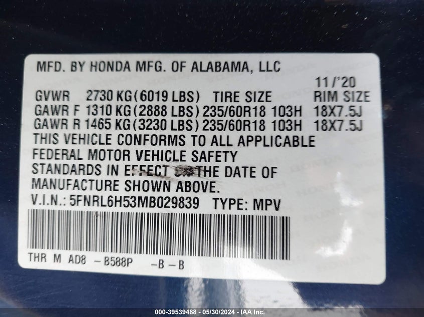 2021 Honda Odyssey Ex VIN: 5FNRL6H53MB029839 Lot: 39539488