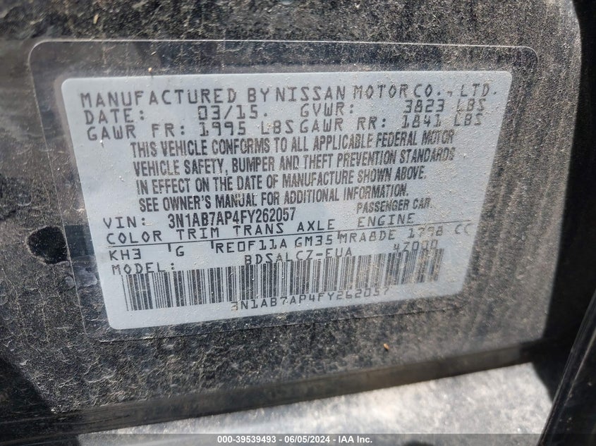 2015 Nissan Sentra S VIN: 3N1AB7AP4FY262057 Lot: 39539493