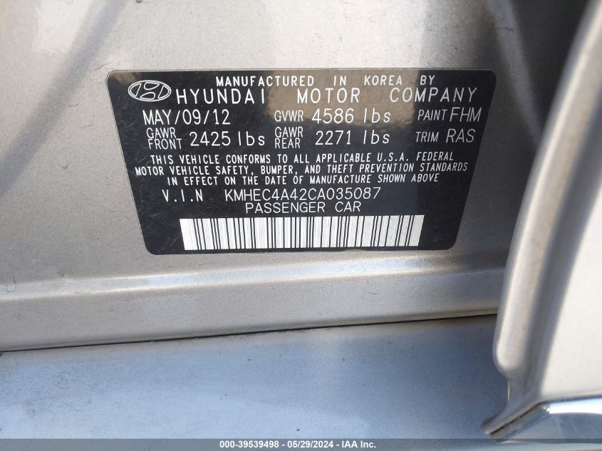 2012 Hyundai Sonata Hybrid VIN: KMHEC4A42CA035087 Lot: 39539498