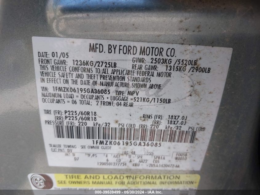 2005 Ford Freestyle Limited VIN: 1FMZK06195GA36085 Lot: 39539499