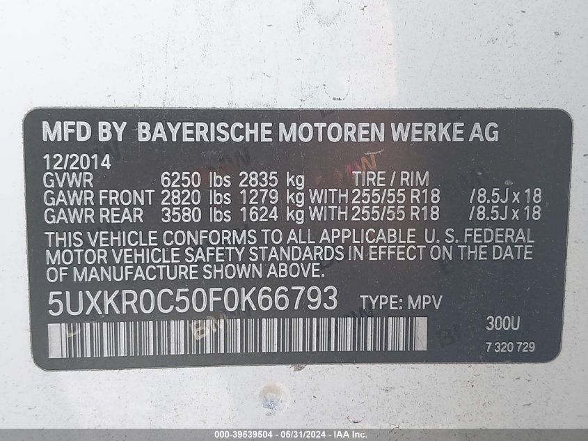 2015 BMW X5 xDrive35I VIN: 5UXKR0C50F0K66793 Lot: 39539504