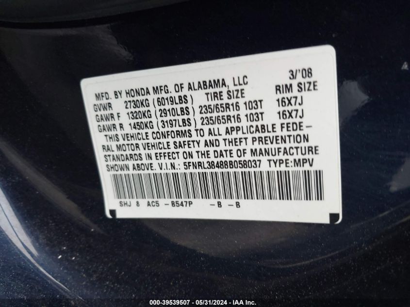 2008 Honda Odyssey Ex VIN: 5FNRL38488B058037 Lot: 39539507