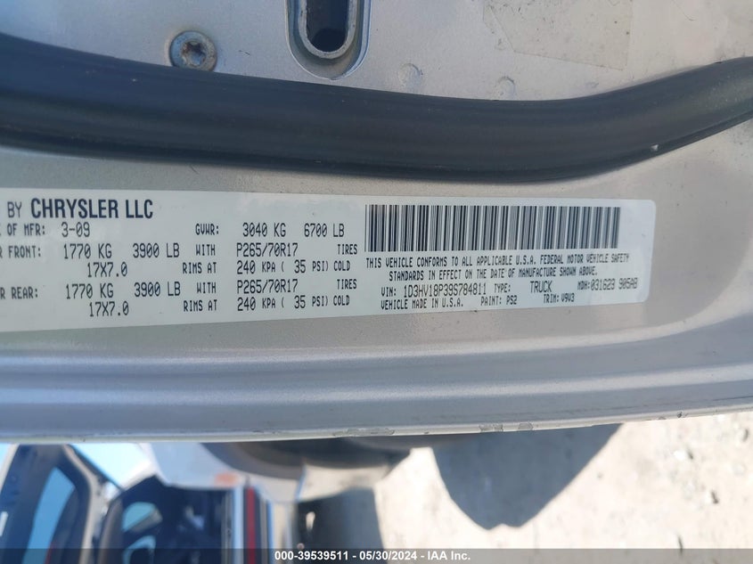 2009 Dodge Ram 1500 Slt/Sport/Trx VIN: 1D3HV18P39S784811 Lot: 39539511