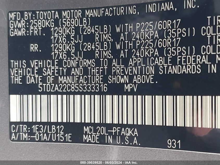 2005 Toyota Sienna Xle VIN: 5TDZA22C85S333316 Lot: 39539520