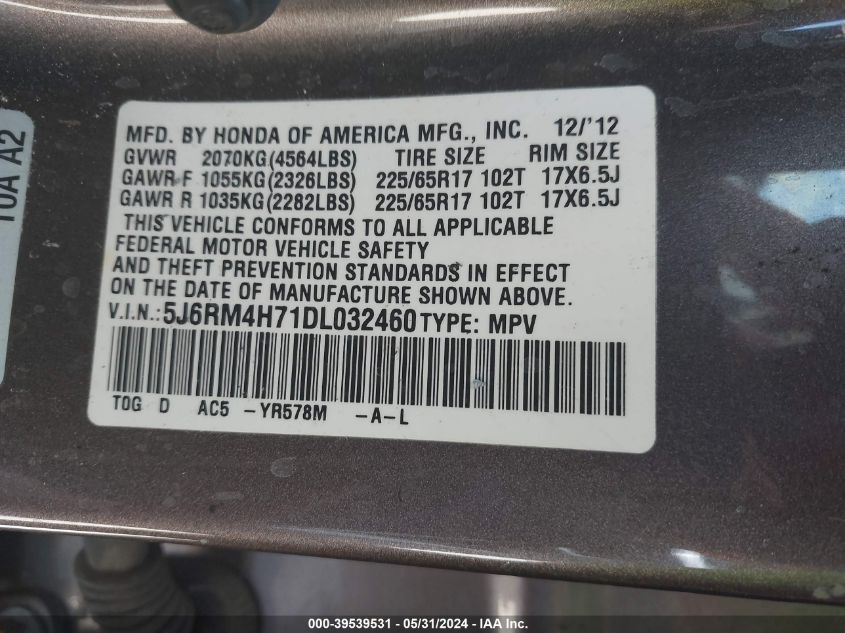 2013 Honda Cr-V Ex-L VIN: 5J6RM4H71DL032460 Lot: 39539531