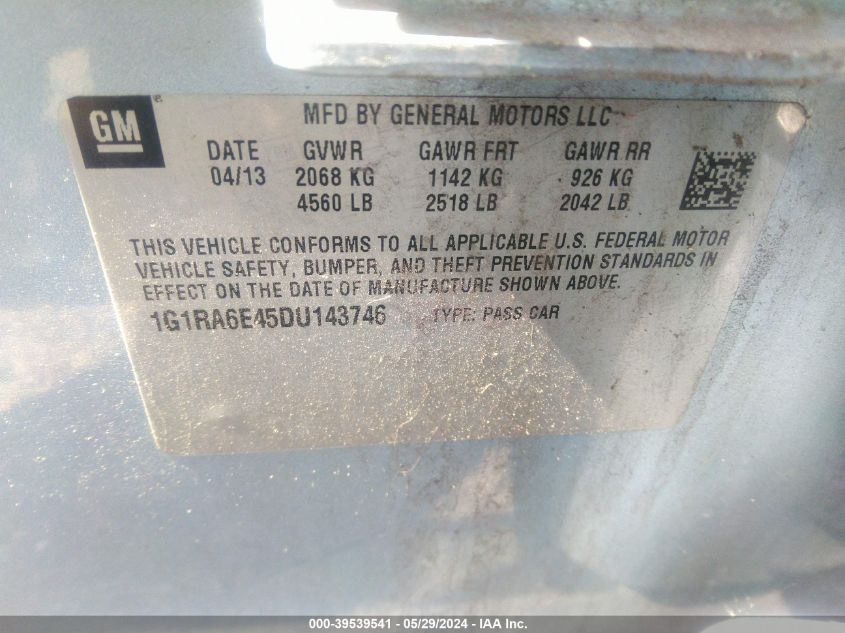 2013 Chevrolet Volt VIN: 1G1RA6E45DU143746 Lot: 39539541