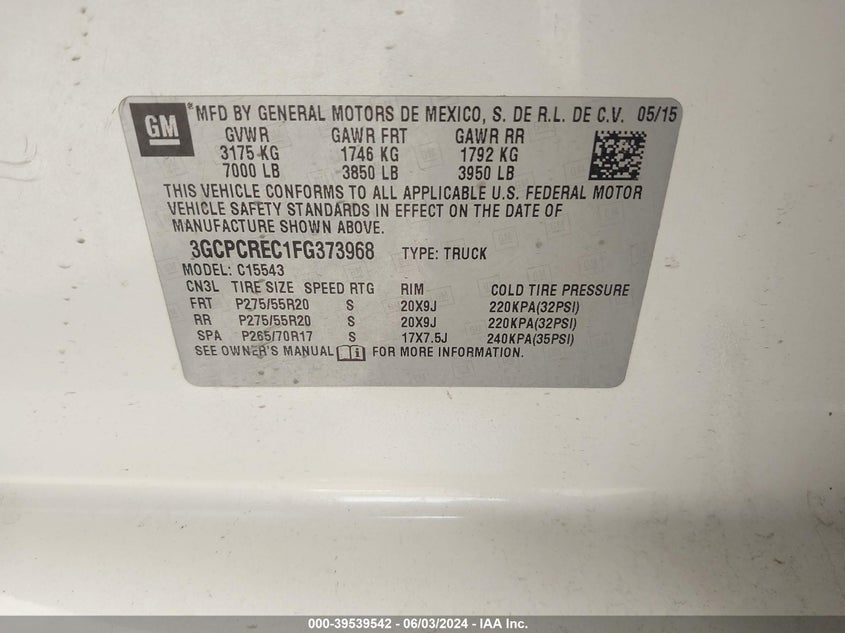 2015 Chevrolet Silverado 1500 1Lt VIN: 3GCPCREC1FG373968 Lot: 39539542