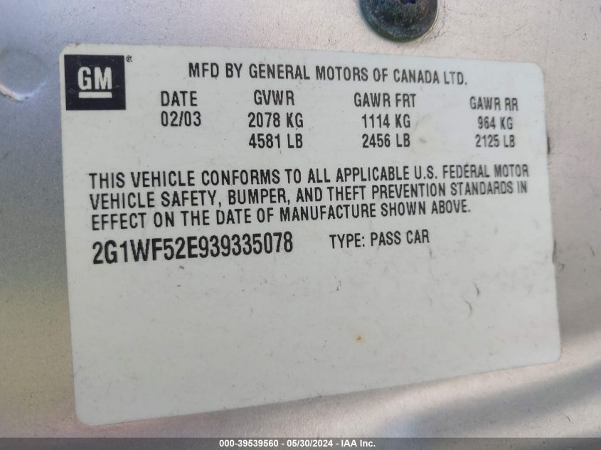2003 Chevrolet Impala VIN: 2G1WF52E939335078 Lot: 39539560
