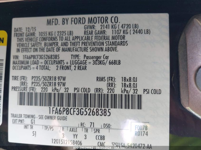 2016 Ford Mustang Gt Premium VIN: 1FA6P8CF3G5268385 Lot: 39539562