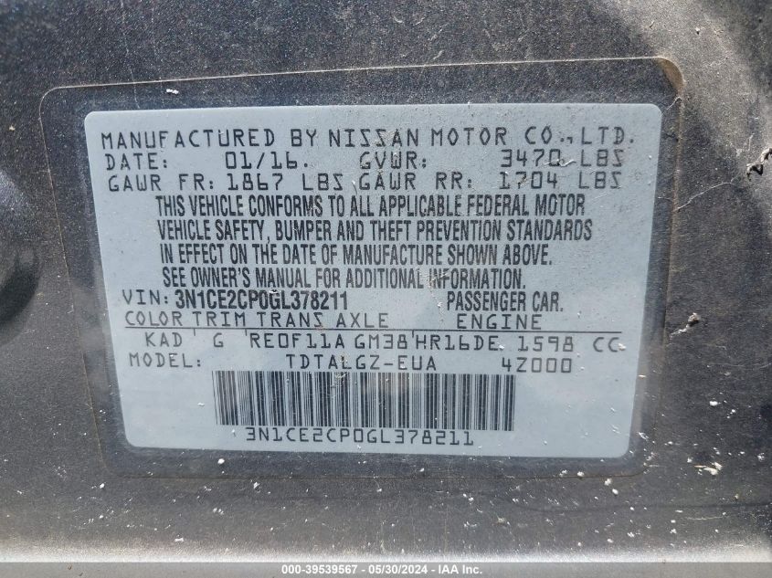 2016 Nissan Versa Note Sr VIN: 3N1CE2CP0GL378211 Lot: 39539567