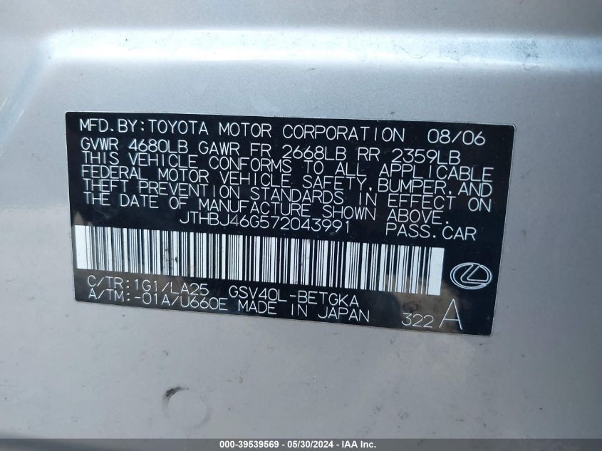 2007 Lexus Es 350 VIN: JTHBJ46G572043991 Lot: 39539569