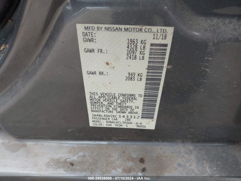 VIN 1N4BL4DV2KC143312 2019 NISSAN ALTIMA 2.5 SV