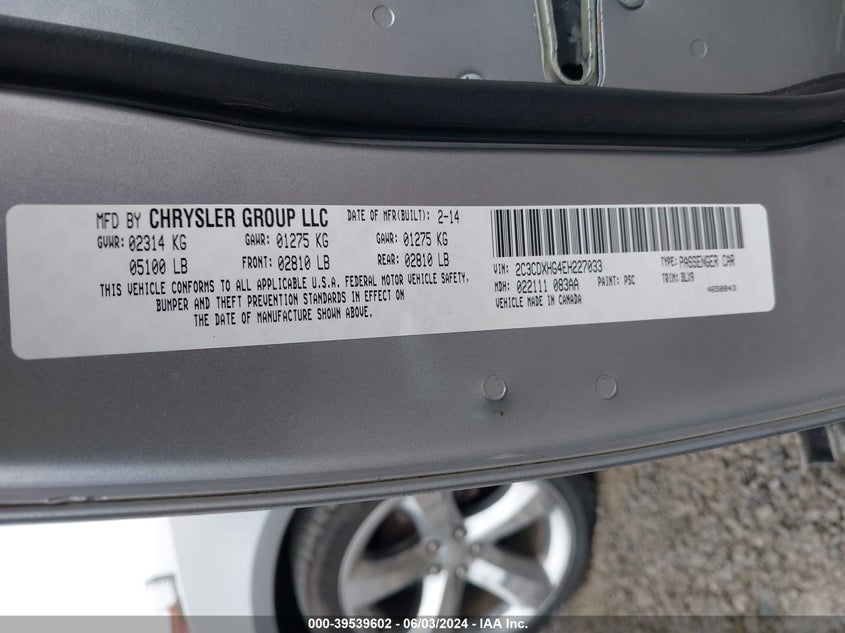 2014 Dodge Charger Sxt Plus VIN: 2C3CDXHG4EH227033 Lot: 39539602