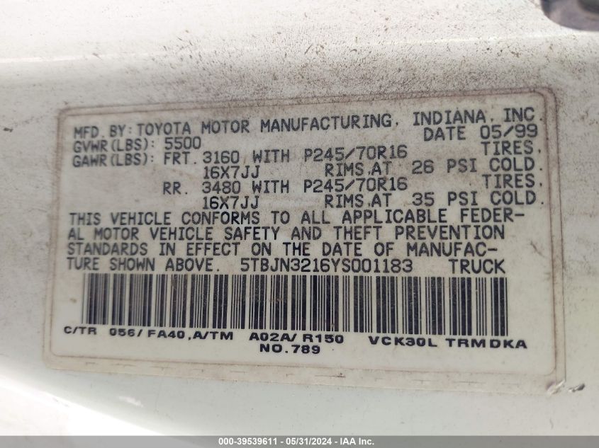 2000 Toyota Tundra VIN: 5TBJN3216YS001183 Lot: 39539611